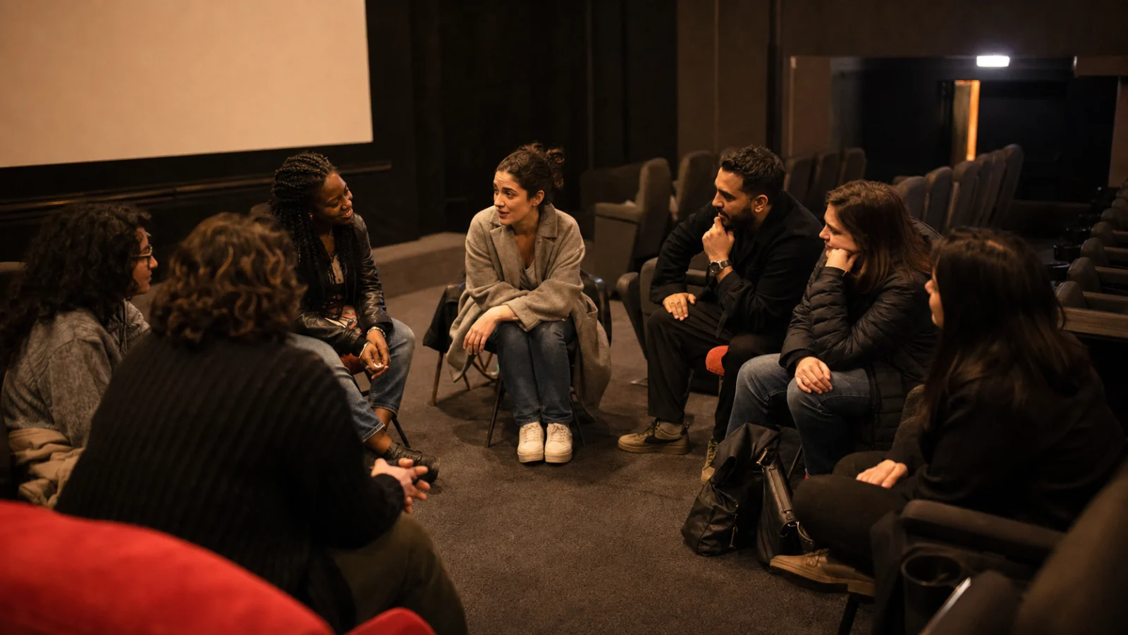Small diverse group seated in a circle inside an independent cinema