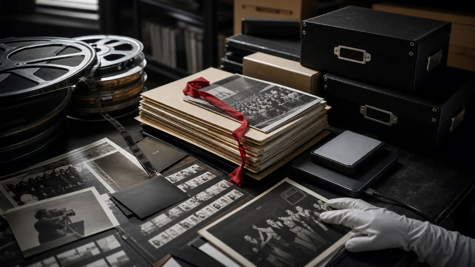 Film reels, paper programs and digital storage drives arranged on an archive table
