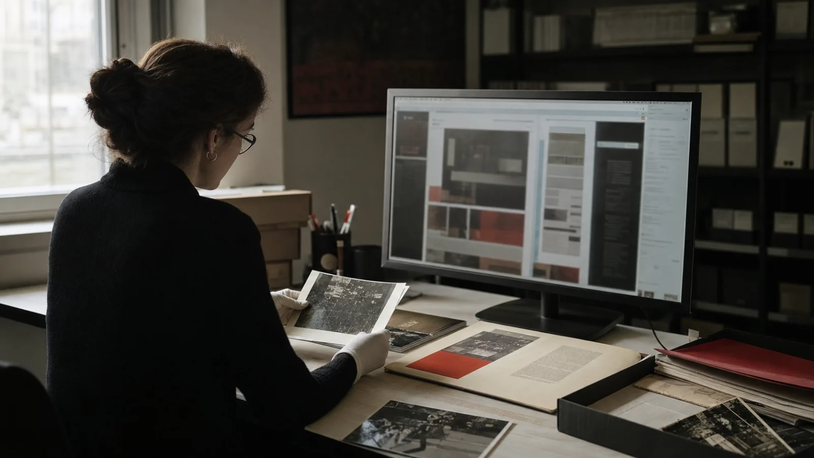 Archivist comparing an old website capture with printed festival ephemera