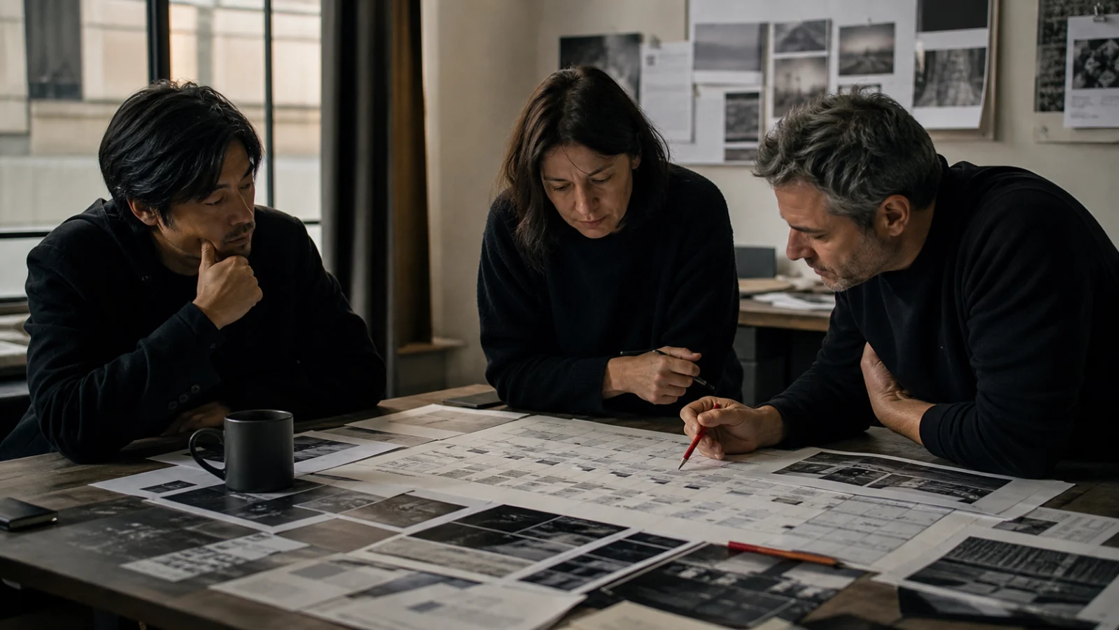 Curators reviewing a screening schedule with film stills and timing notes