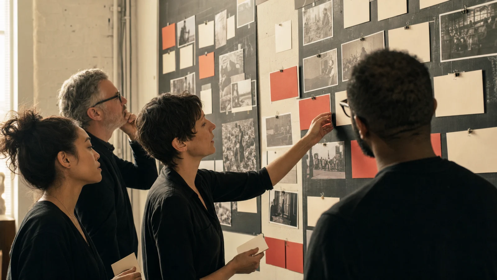 Film programmers arranging screening cards and notes across a studio wall