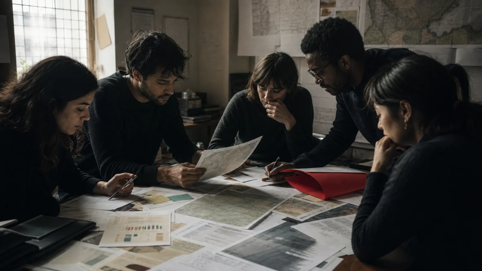 Researchers reviewing maps, case files and statistical charts at a worktable