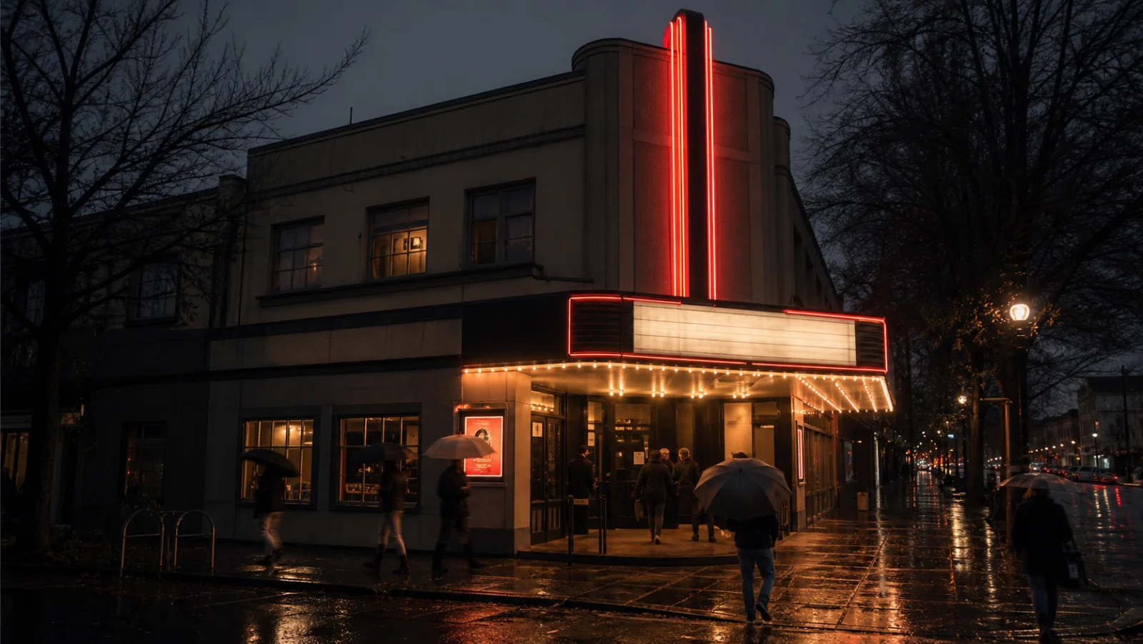 Independent neighborhood cinema glowing on a rainy Portland evening
