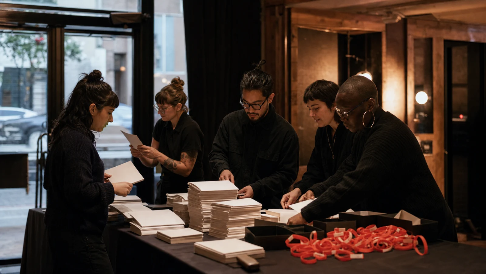Festival volunteers preparing programs at a cinema entrance