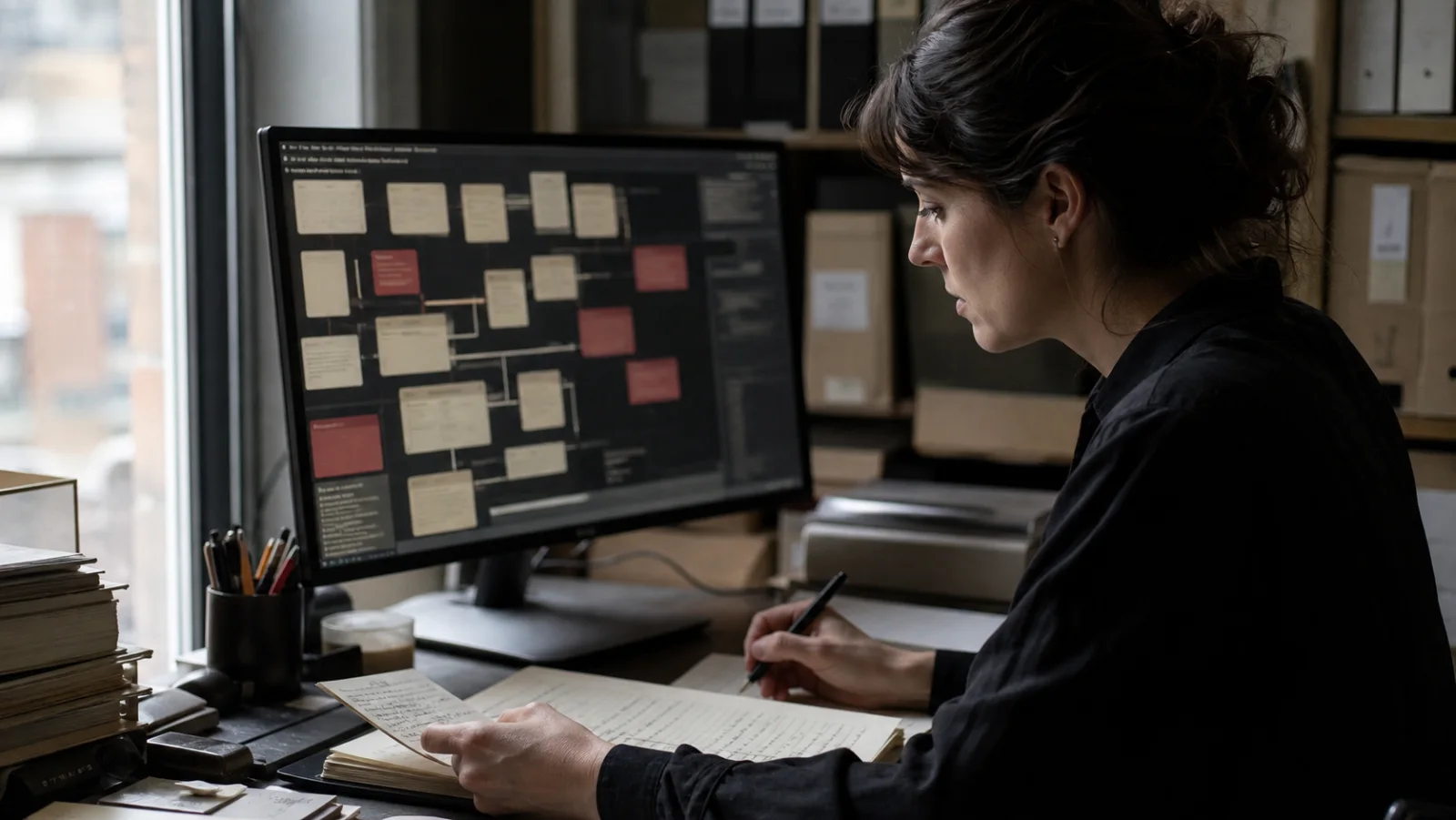Archivist tracing an acronym through digital index cards on a monitor