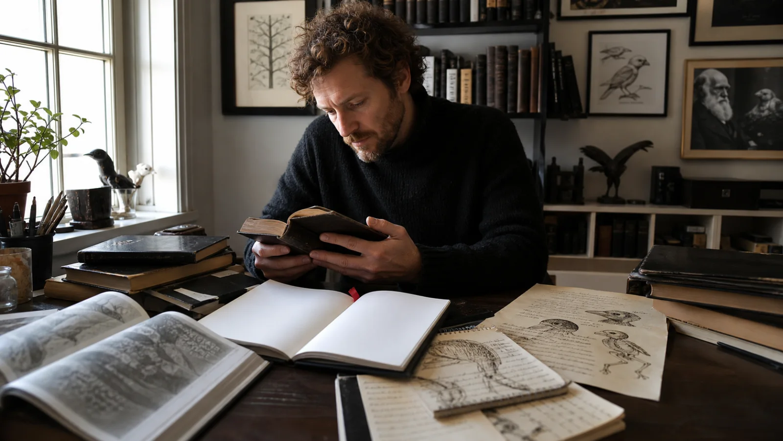 Science history blogger researching Darwin books and a film program at a desk