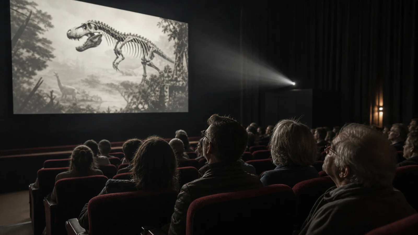 Audience watching a historical science film in an independent cinema