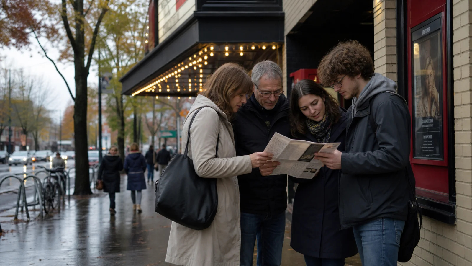 Visitors consulting a Portland cultural guide near an independent cinema