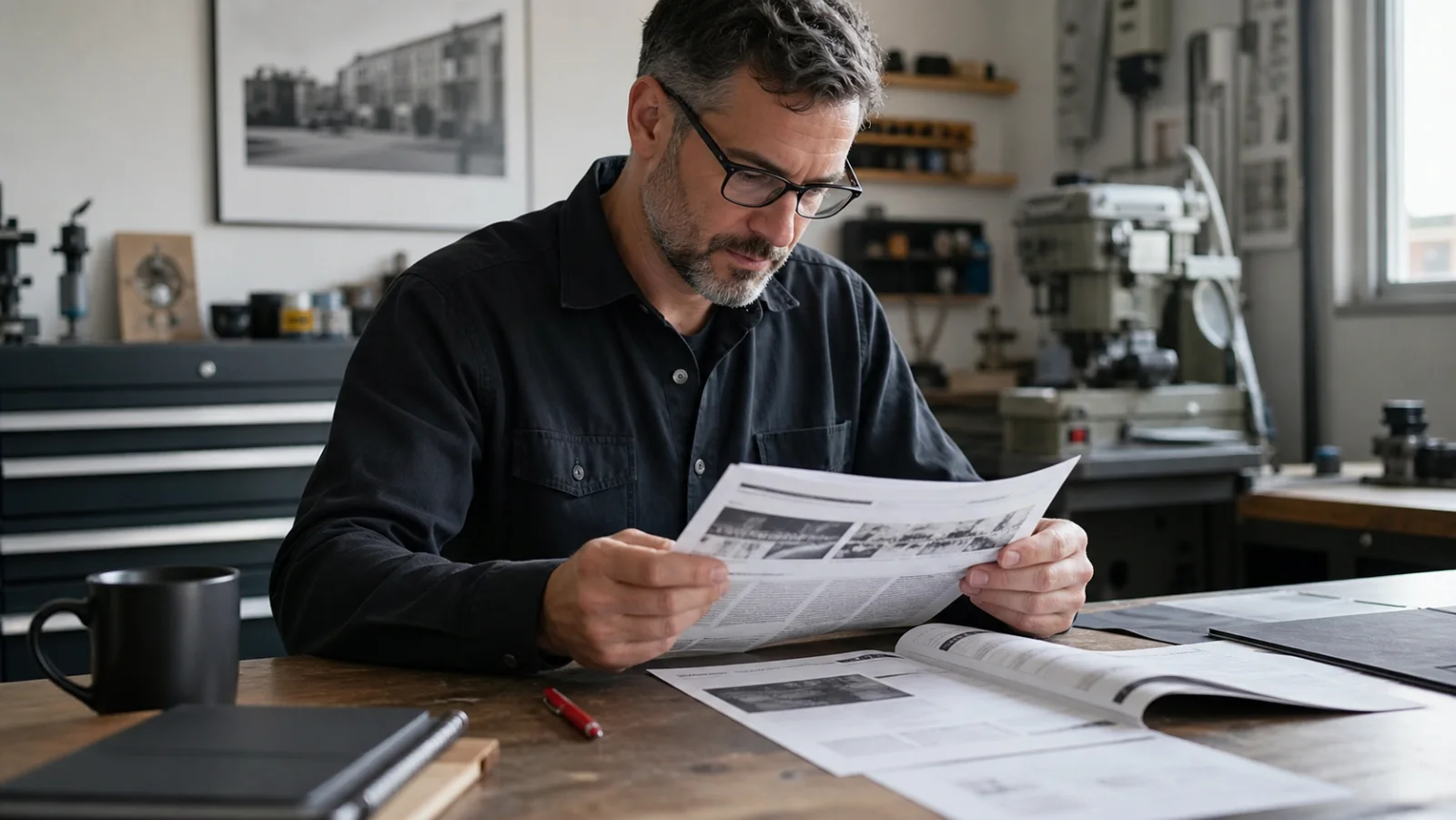 Local business owner reviewing a community newsletter with a film calendar