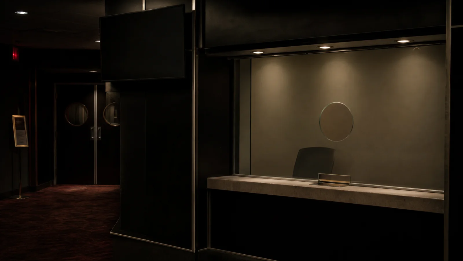 Dark cinema box office with an inactive digital listings screen