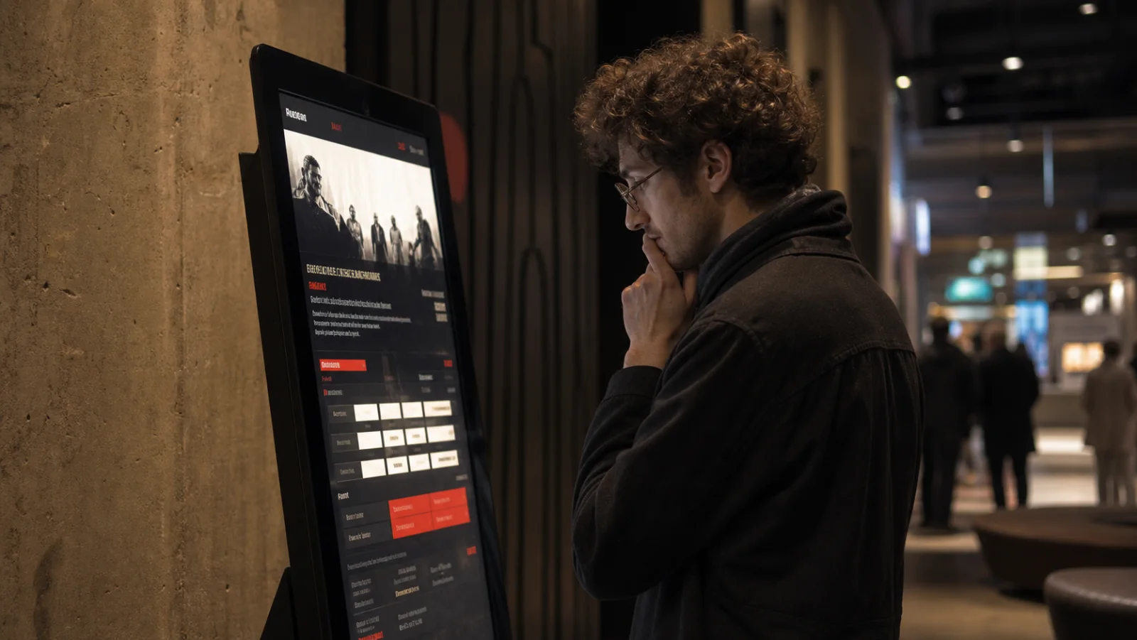 Cinema-goer browsing an event title on a digital ticketing kiosk