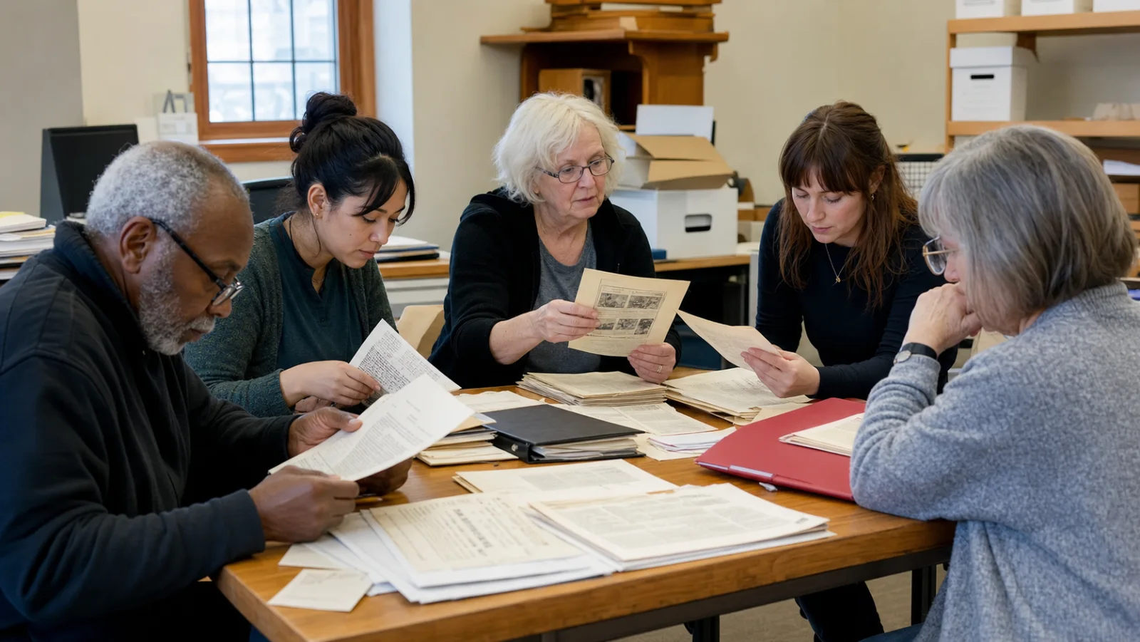 Volunteer archivists reviewing newsletters and meeting minutes at a community table