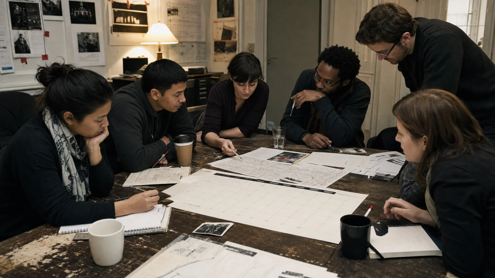 Humanist community volunteers planning a film festival around a table