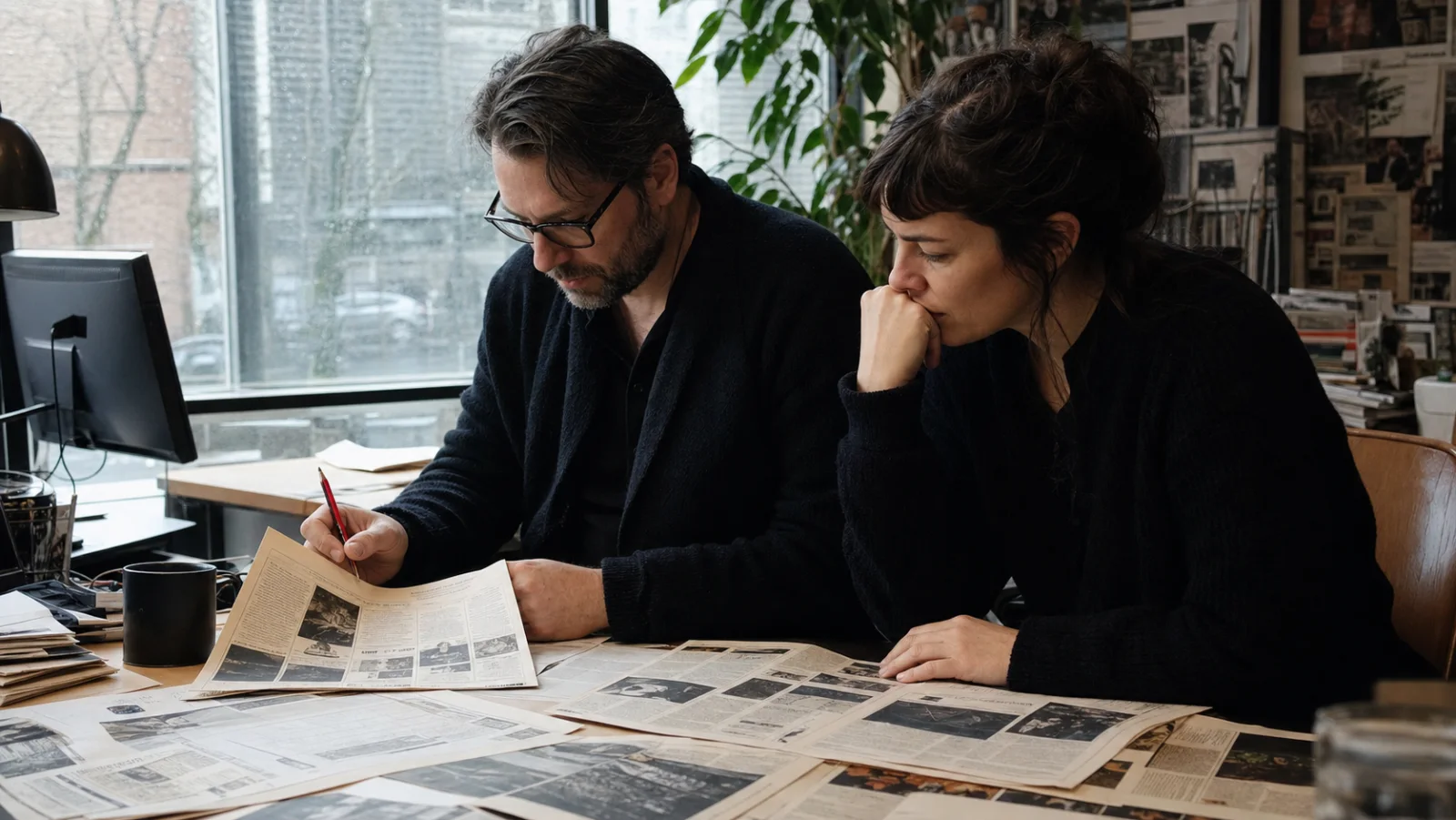 Independent culture editors reviewing a Portland film calendar in a newsroom