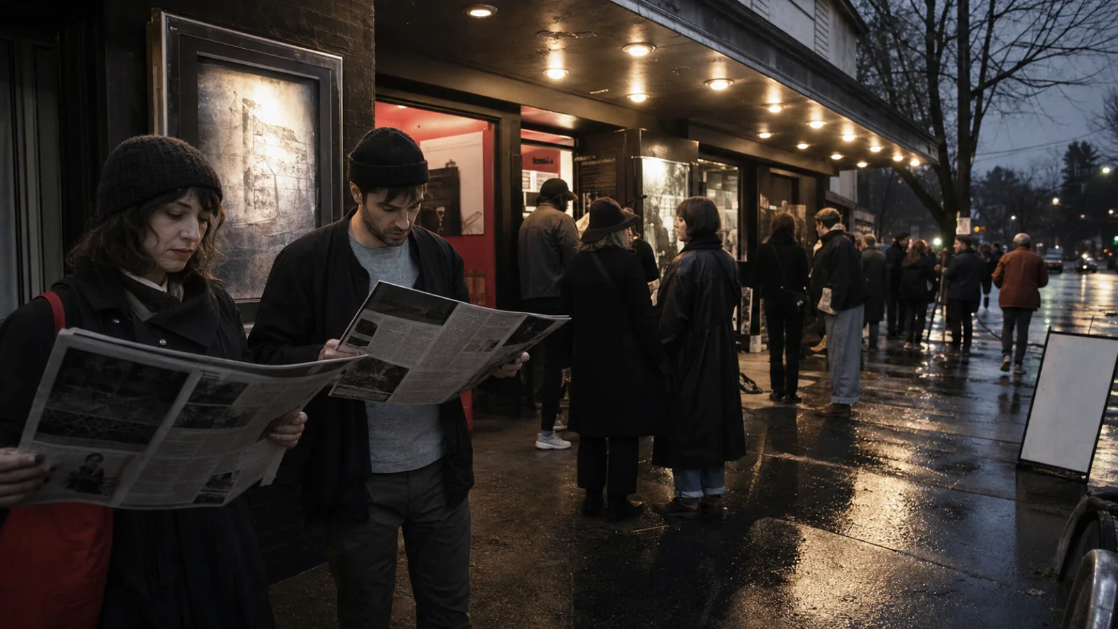 Moviegoers reading a weekly newspaper outside a rainy neighborhood cinema