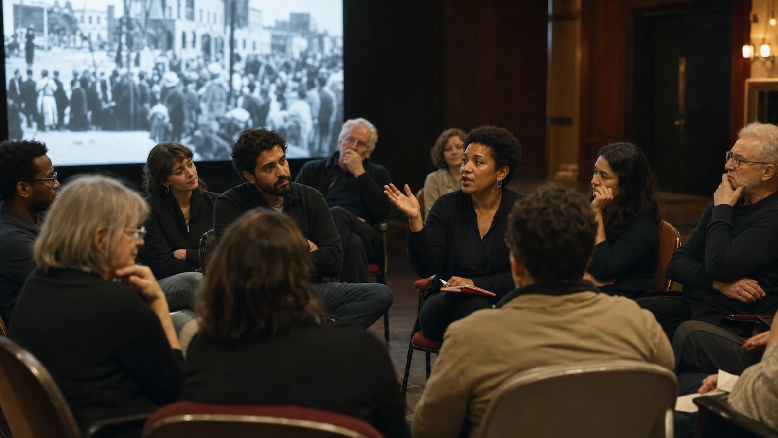 Audience discussing freedom of inquiry after a historical documentary