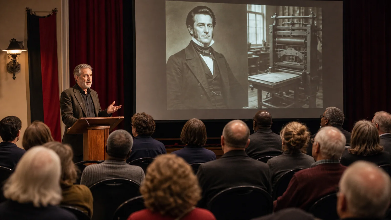 Historian presenting a film about American freethought in a civic hall