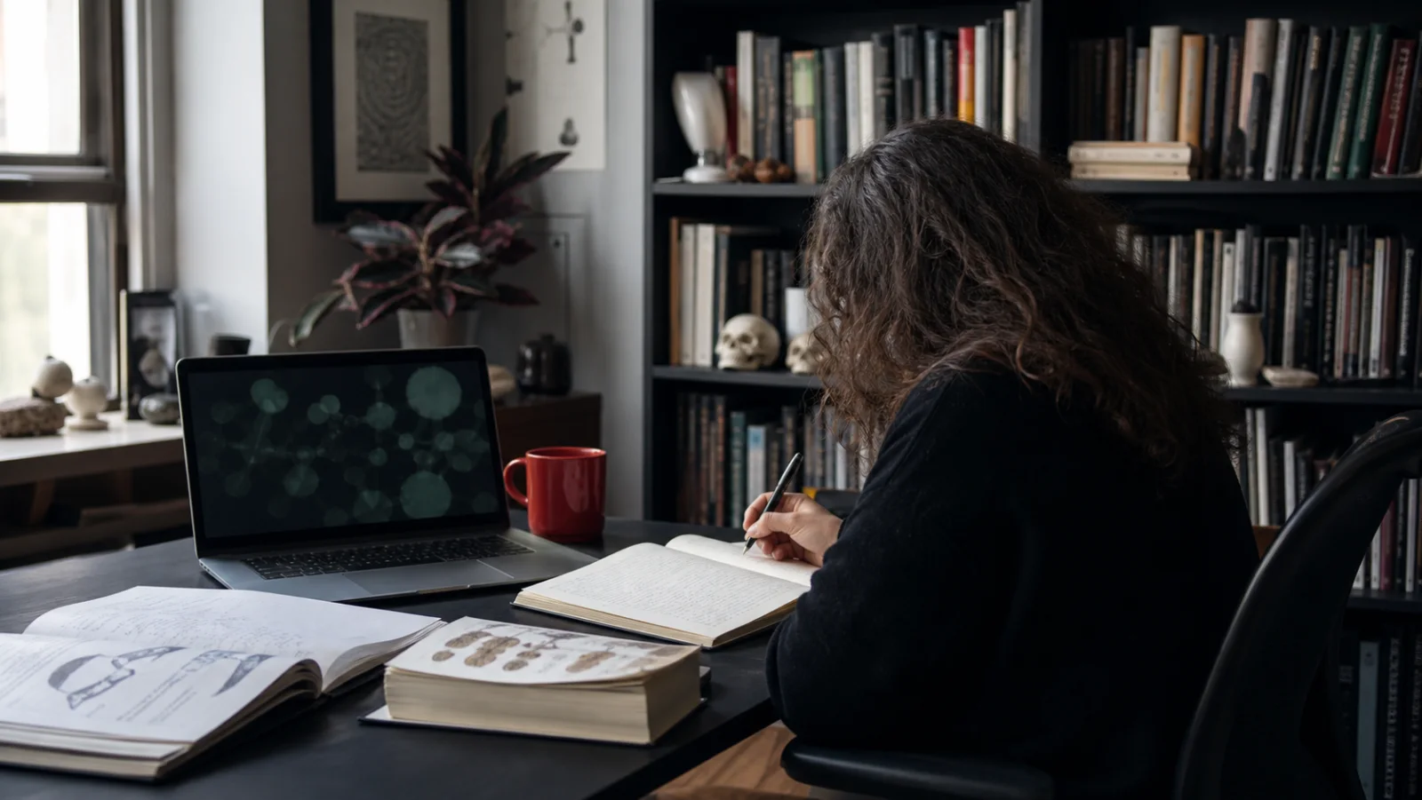 Science blogger writing about a humanist film call in a book-lined office
