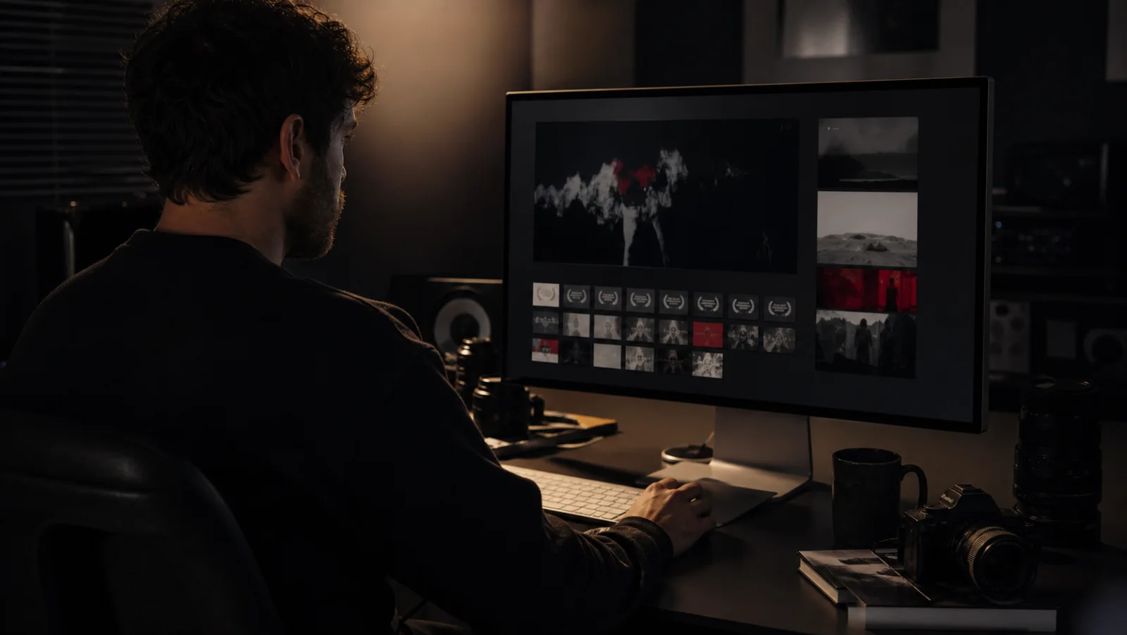 Independent filmmaker updating a film page from a dark editing suite