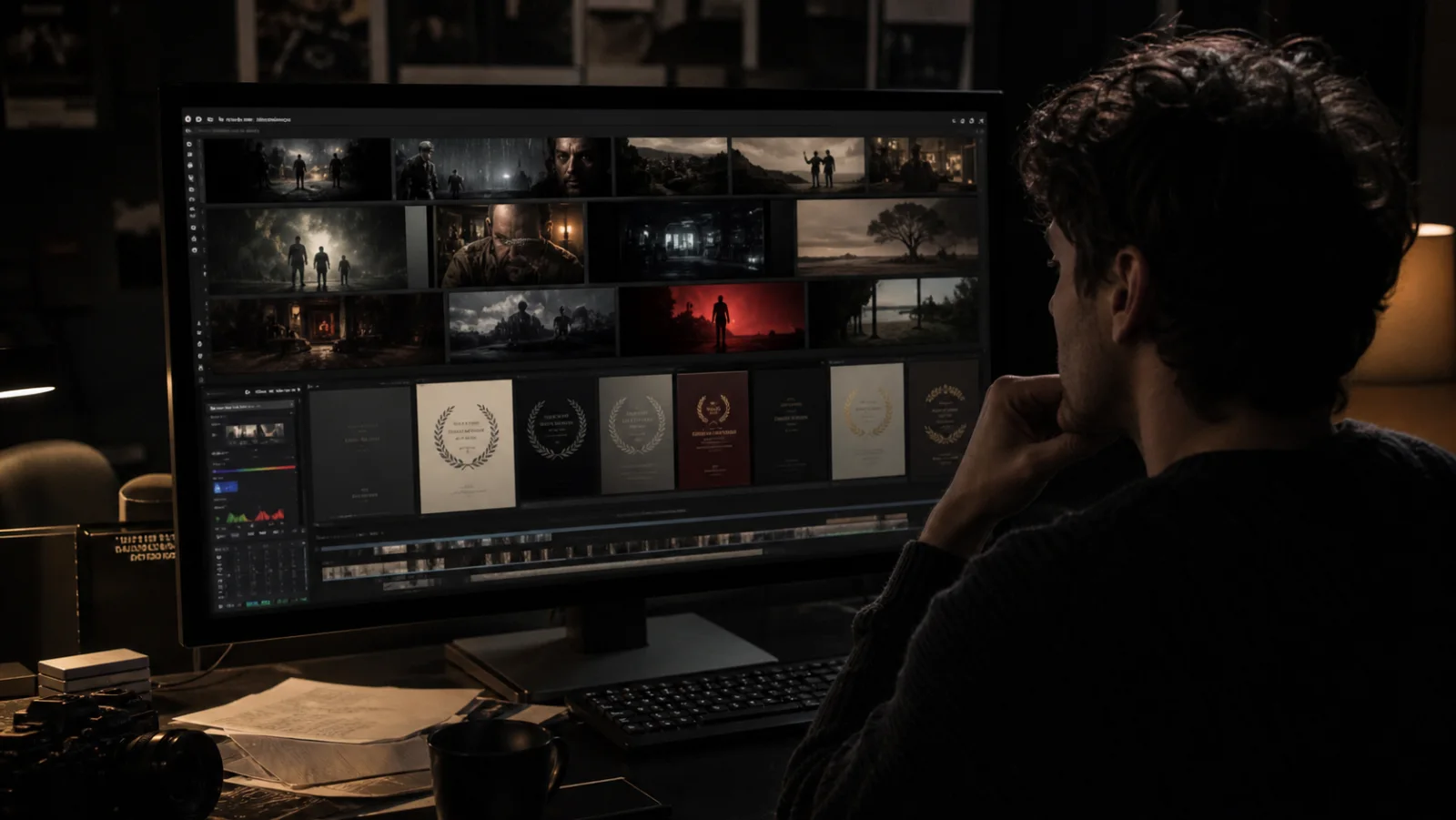 Short-film stills arranged beside festival laurels on an editing monitor