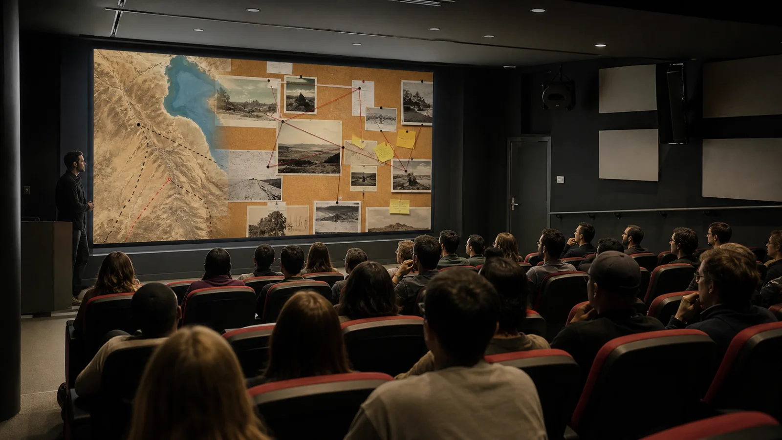 Critical-thinking documentary projected in a university screening room
