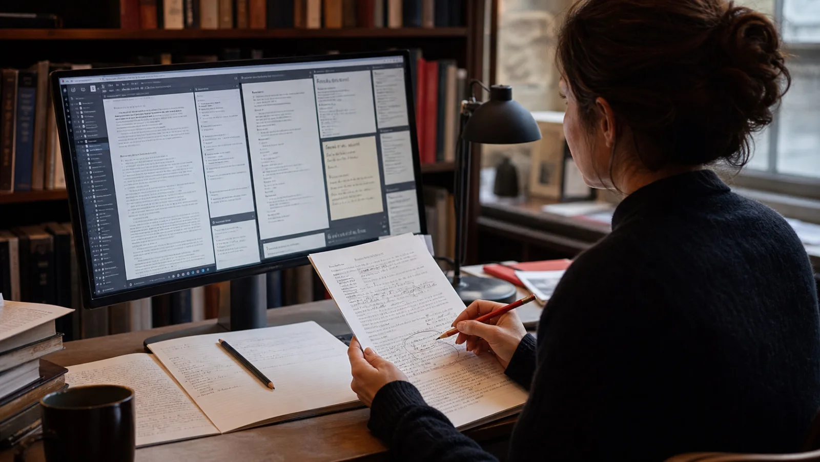 Researcher verifying a filmmaker biography with citations and film notes