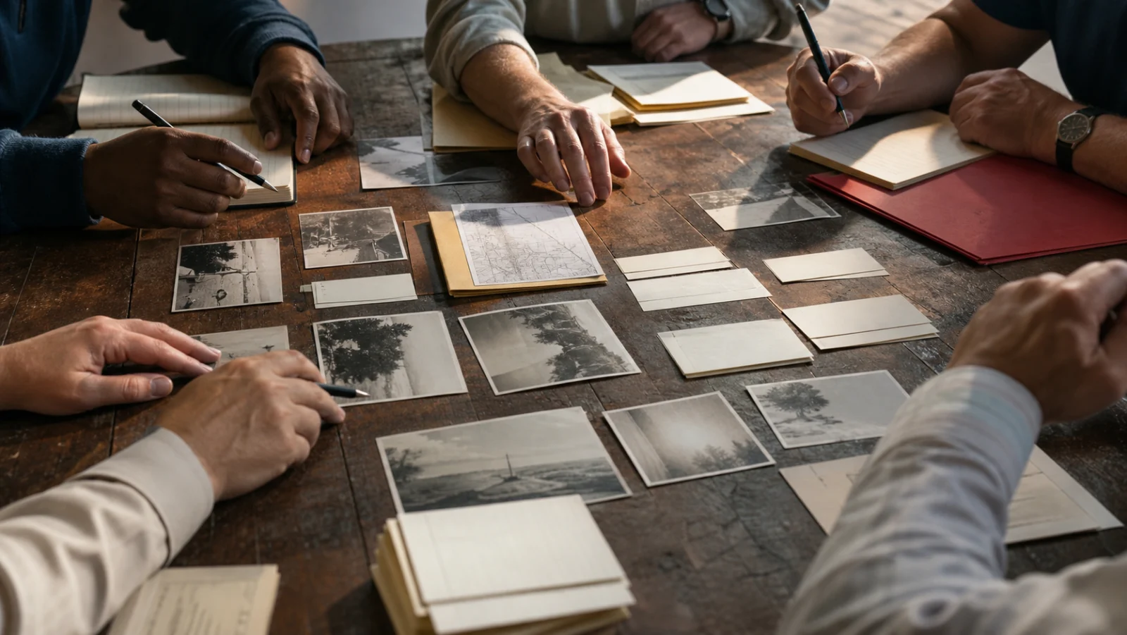 Hands carefully sorting photographs and written evidence on a worn table