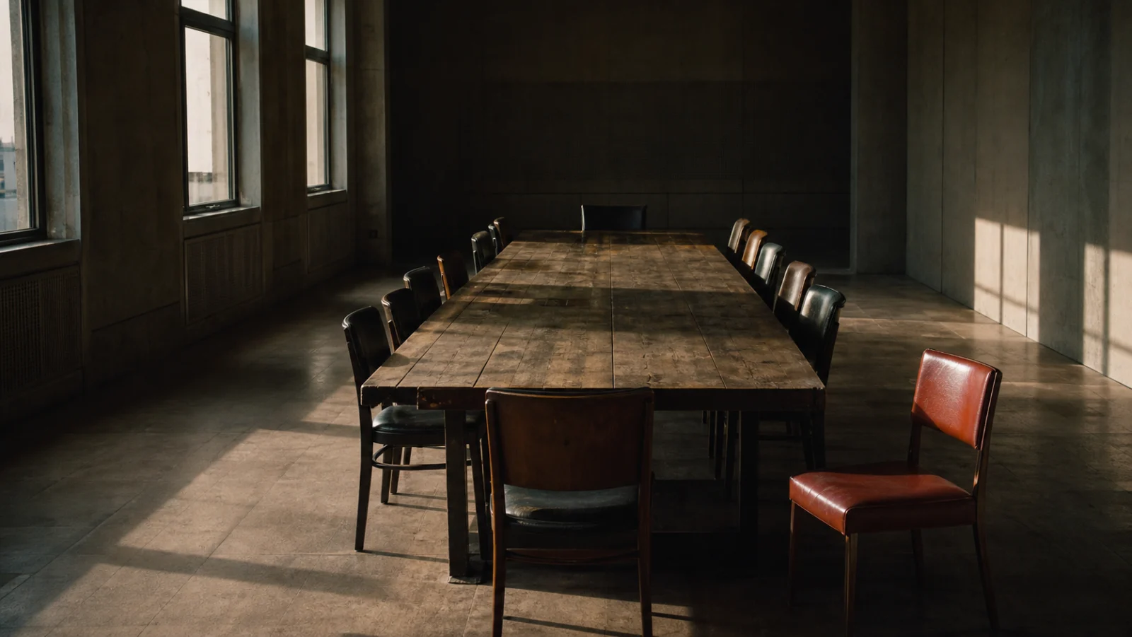 Empty deliberation table with twelve chairs under hard afternoon light