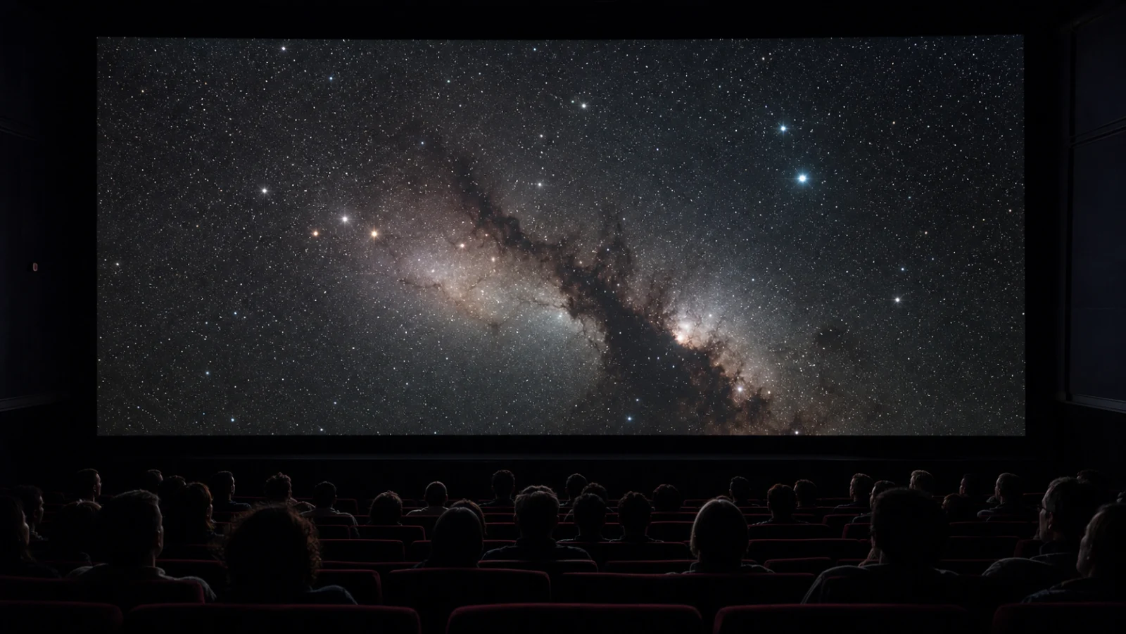 Audience watching a vast star field projected across a cinema screen