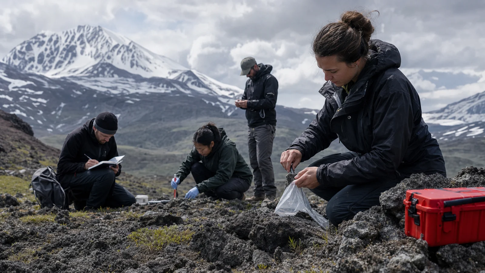 Documentary camera observing researchers collecting samples in a dramatic landscape
