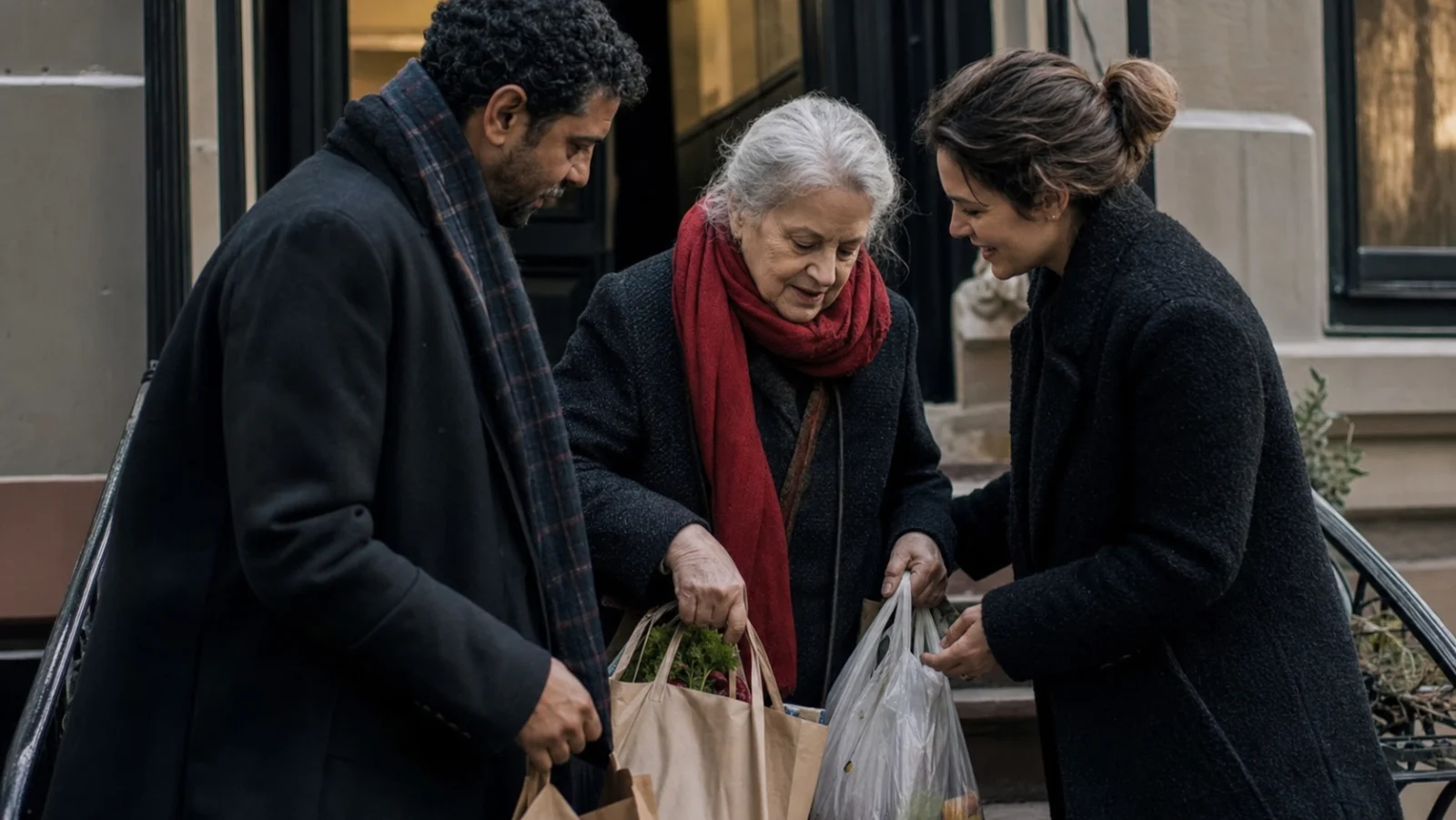 Neighbors helping an older resident carry groceries up apartment steps