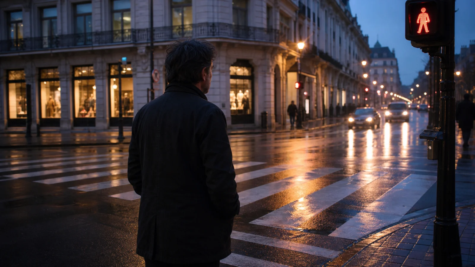 Lone person pausing at a city crossroads in natural evening light