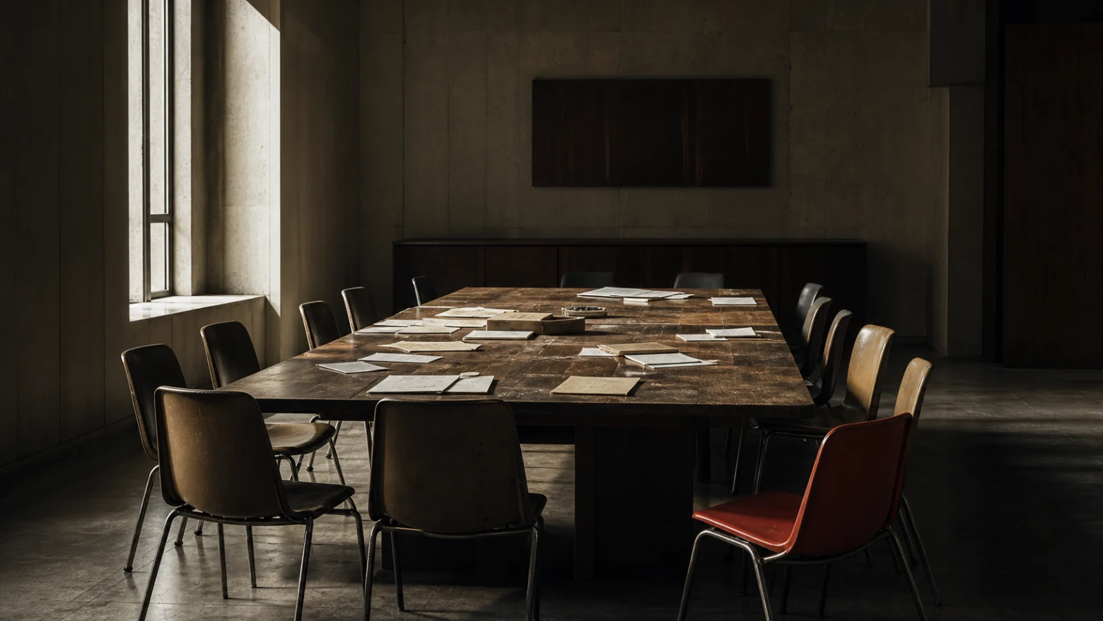 Editorial interpretation of an empty jury room arranged for deliberation