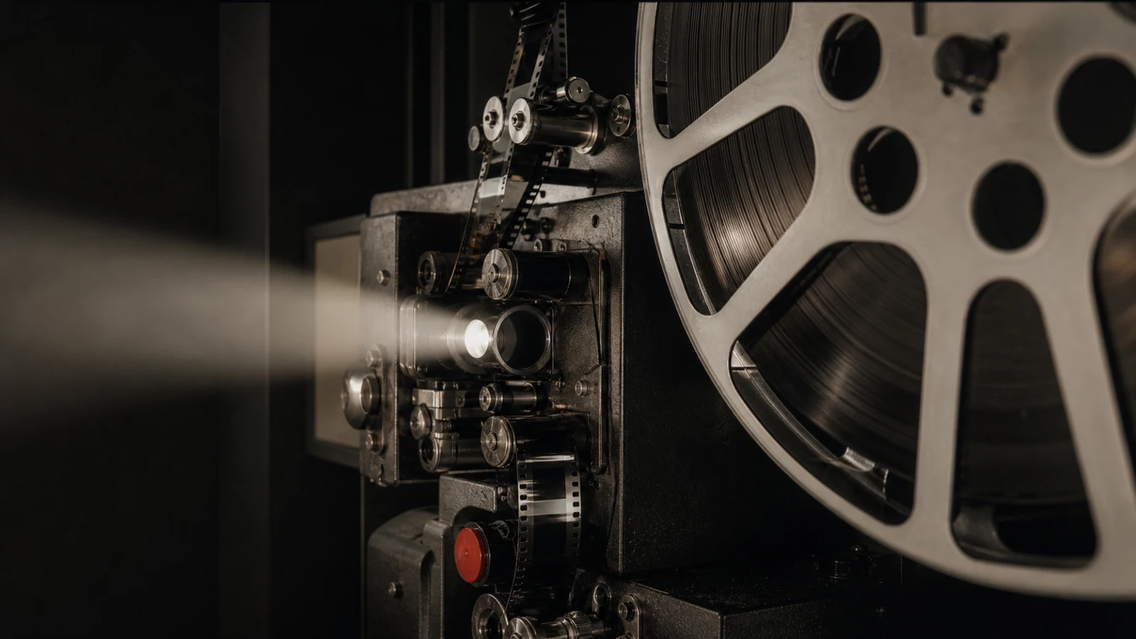 Editorial close-up of a 35mm cinema projector and film reel